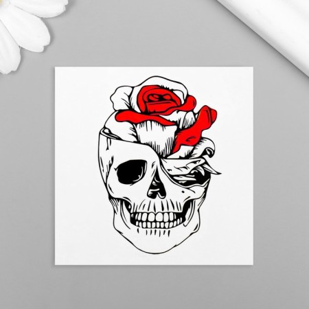 Black-red body tattoo "Skull with rose" 6x6 cm