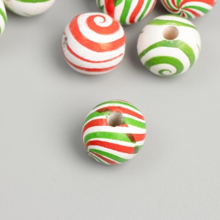 Beads tree for creativity "Round. Red, green patterns on white" D = 1.6 cm set 12 pcs 95808-1