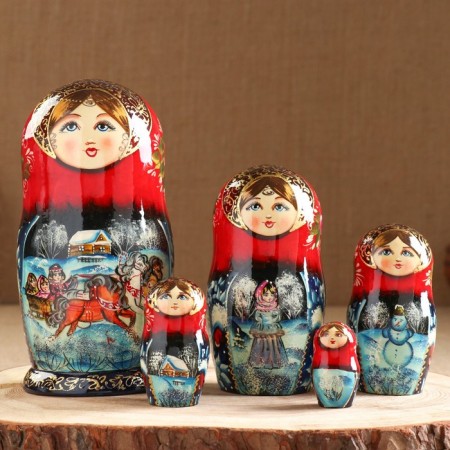Troika matryoshka, red scarf, 5 puppet, suite-4