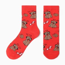 Women's socks New Year's bulldogs, red color, size 36-40