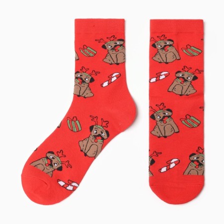 Women's socks New Year's bulldogs, red color, size 36-40