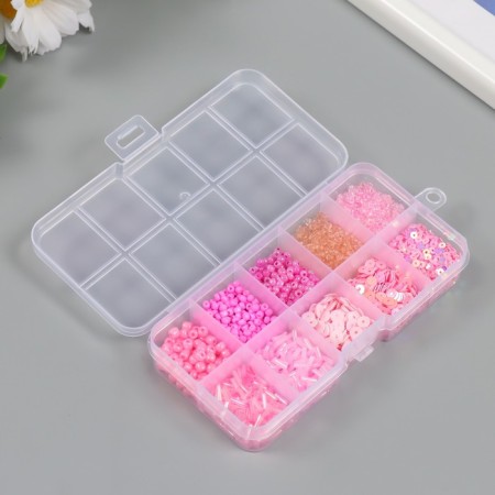 Glass beads 6/0, 12/0 in the box "pink" glass and sequins 12.5x6.5x2 cm