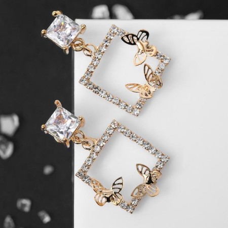 Earrings with rhinestones "flutter" butterflies in a square, white color in gold-1