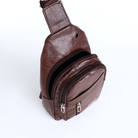 Male sling bag, artificial leather, headphone opening, brown color-5