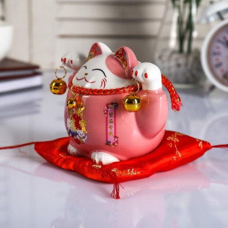 Piggy bank Ceramics "Cat Mani-Neko pink with bells" 10.5x13.5x9 cm-3