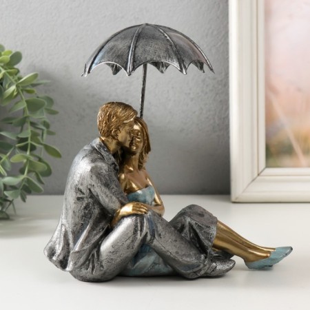 Souvenir Polystone "A couple in love under an umbrella - tenderness" Blue 18x18x10 cm-1