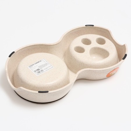 Double bowl for slow feeding 30.5 x 17 x 5 cm, beige-4
