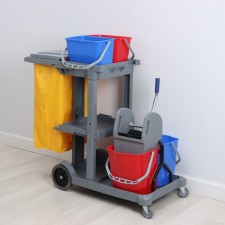 Multifunctional trolley for cleaning with buckets, spin and trays, gray color