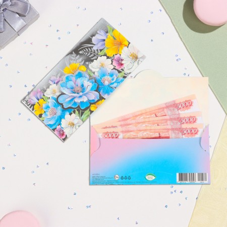 Money envelope "Universal" embossing, blue flower, 16.5x8.5 cm