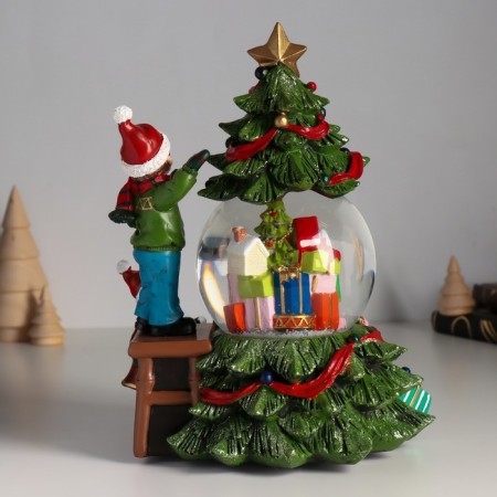 Souvenir Polystone Water Ballion Music, Light "Boy decorates the Christmas tree" D = 10 cm 18x16x23 cm-2