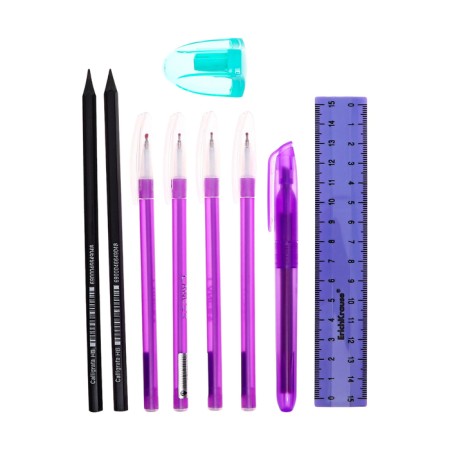 Cleaning set 10 items (pencil case is 65 x 210 mm, pens 4 pieces Blue, ruler 15 cm, sharpener, pencil 2 pieces, texture), purple-8