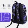 A backpack with a zipper, 3 outer pockets, purple color/black