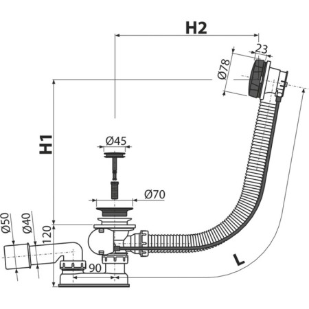 ALCAPLAST A55BLACK bath siphon, automatic set, length 57 cm, black mat-1