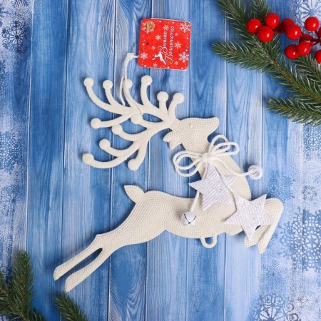 Christmas tree decoration "Running deer with stars" 22x24 cm, white-1