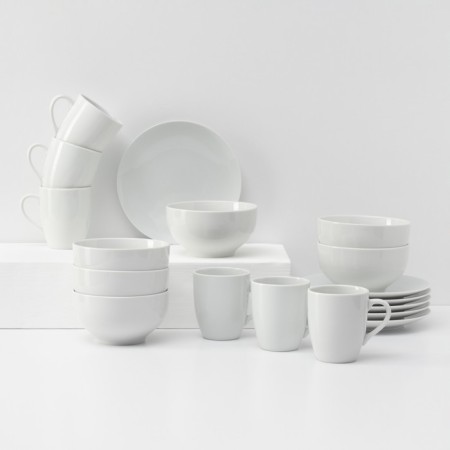 Set of porcelain dishes "Universal", white color, 18 objects: plate flat d = 20 cm, pyla 650 ml, mug 300 ml