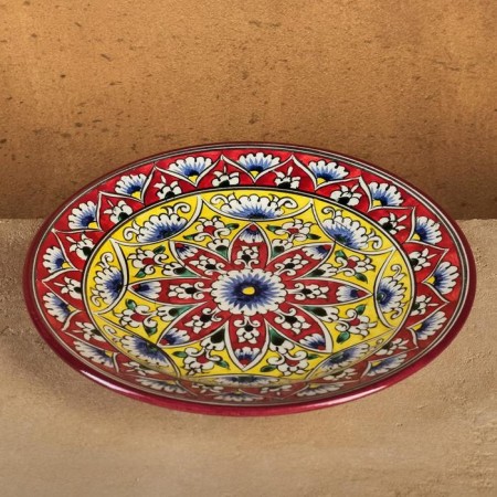 Plate of the Rishtan ceramics "Kalam", 23 cm, red-yellow, Mix patterns