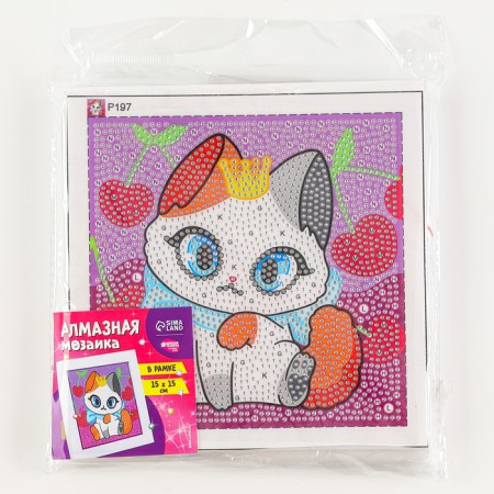 Diamond mosaic 15x15 on a frame with different rhinestones "cat"-10
