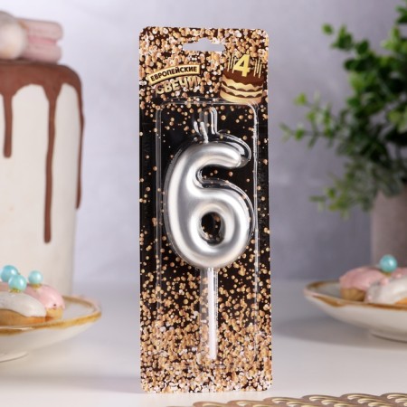 Candle in the Cake "European", number "6", 6 cm, silver-1