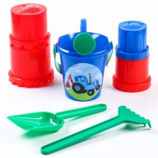 Toys for the sandbox. bucket 350 ml., Lake, rake, scoop, 4 molds, blue tractor