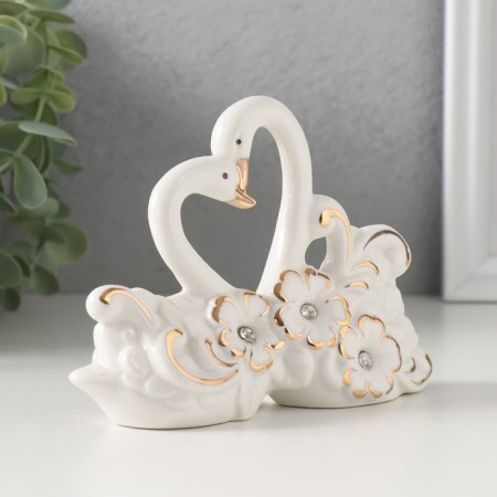 Souvenir Ceramics "Swans in flowers" White, with rhinestones, 10x13.4x4.2 cm-1