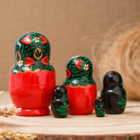 Matryoshka "Khokhloma", black scarf, red dress, 5 puppet, 10 cm-1