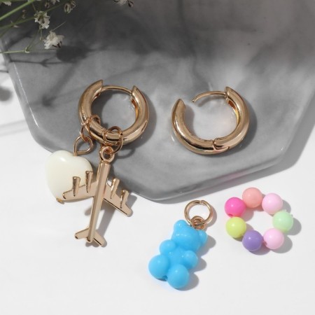 Earrings with the removable element "Transformer" Bear and heart, colored in gold-2