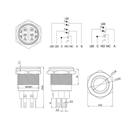 Anti-Vandal button Ø19 12V (LED) FEC (5C) OFF-on/ON -OFF subvar/Red Rexant-3