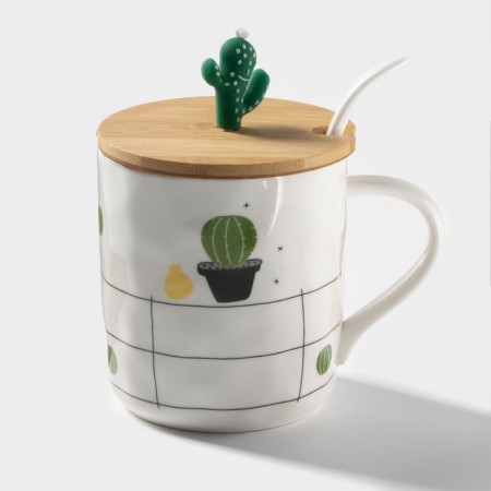 Ceramic mug with a wooden lid and spoon "Cactus", 380 ml, color mix-3