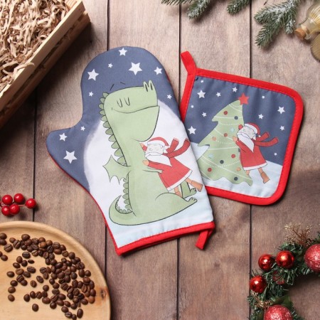Set of kitchen. Dolyana "New Year's embrace": mittens 20x28 cm, severity 17x17 cm, 35% HL, 65% PE