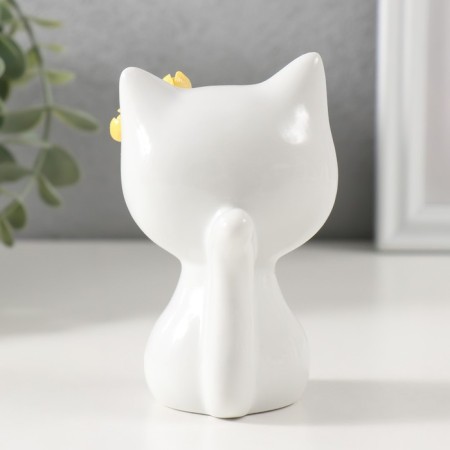 Souvenir Ceramics "White cat with yellow flowers on the ear, sits" 7.2x6.5x10.3 cm-2