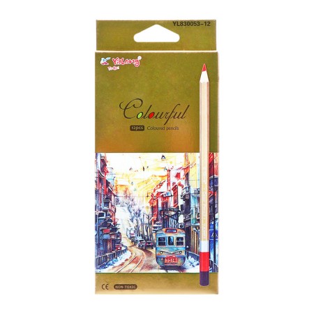 Pencils 12 colors, in a cardboard box, hexagonal, gold, wooden, landscape.-4