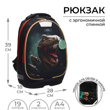 School backpack, 39 x 28 x 18 cm, + bag for shoes, calligrata p "Cool dino", green