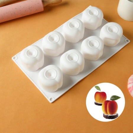 Form for mousse desserts and baking konfinetta “peaches”, silicone, 29.5 × 17 × 4.5 cm, 8 cells, white color