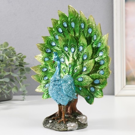 Polystone souvenir "Blue peacock with green blossomed tail in the meadow" 10.5x22x26 cm-2