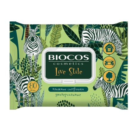 Wet Biocos napkins are universal, with a valve, an animal print, 80 pcs-1
