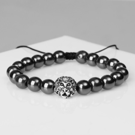 Bracelet male "hematite" lion, black color with black silver, d = 6 cm