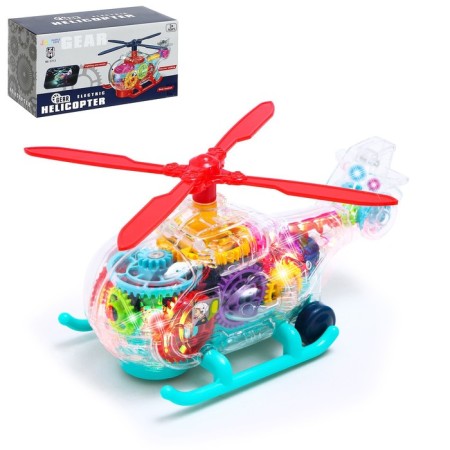 The helicopter "gears", light and sound, works from batteries