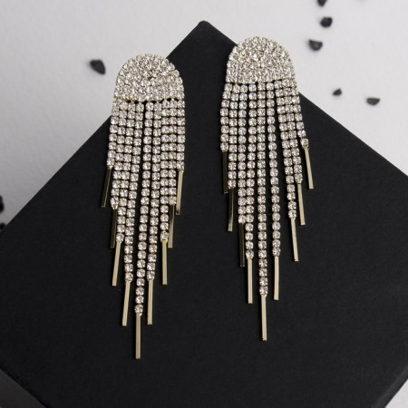 Hanging earrings with “comet” rhinestones, white color in gold, 8.5 cm-2