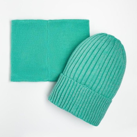 Kit (hat, snood) for a girl, mint color/unicorn, size 48-52-3