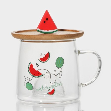 Glass mug with wooden cover "Arbuzik", 300 ml