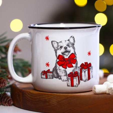 New Year! New Year's ceramic Corgi mug, 450 ml, white color-1