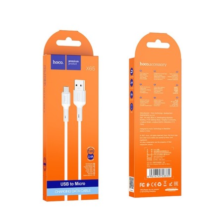 Hoco X65, microUSB - USB, 2.4 A, 1 m, tpe braid, white-3