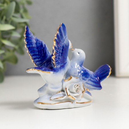 Souvenir Ceramics "2 Doves with a rose, blue" with rhinestones 6.7x9.2x3 cm-1