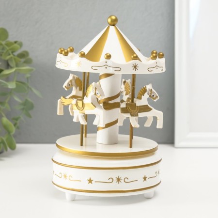 Souvenir Plastic Mechanical "Carousel - Horses" White 10.5x10.5x17.5 cm-1