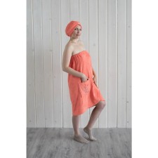 Women's set for the sauna (Pareo+Chalma) with embroidery, coral