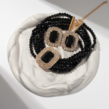 Set 2 items; Earrings, necklace "luxury" large stone, black color in gold, 42 cm-3
