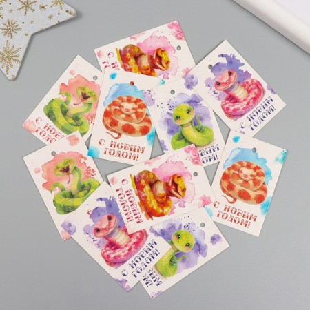 Cardboard Biro "Happy New Year. Watercolor snakes" set 10 pcs (5 types) 4x6 cm-1