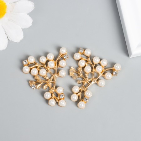 Decor for creativity metal, rhinestones "Lush branch with beads" White with gold 3.2x4 cm-3