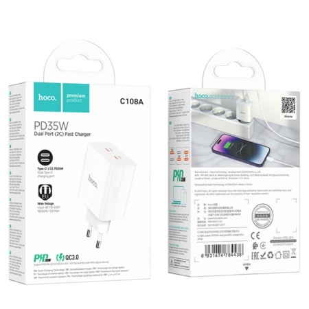 Network charger Hoco C108A, 2 Type-C, 35 W, PD + Qc, White-8
