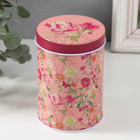 Casket Metal cylinder "Flowers on pink" 7.5x7.5x11 cm